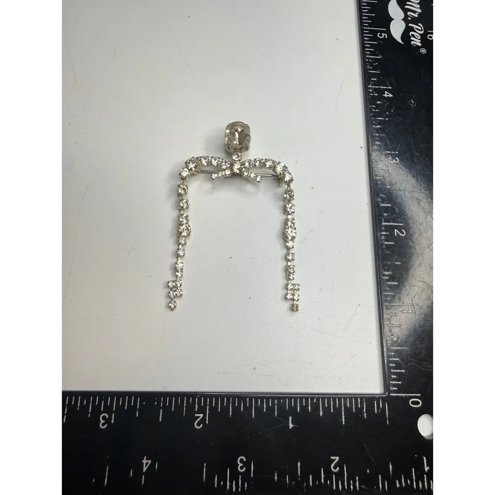 Vintage Rhinestone Bow Brooch Silver Tone Dangle Drop Pendant Pin Art Deco Style